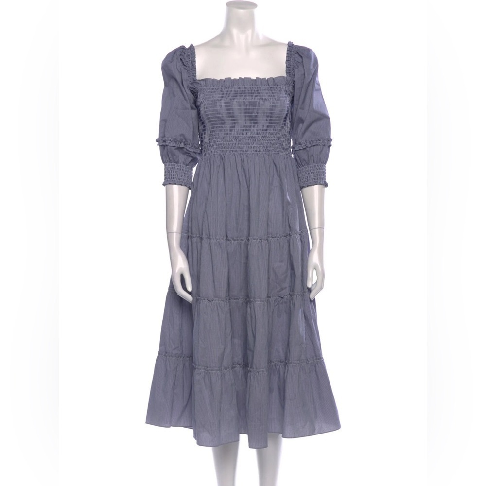 Hill House Blue Smocked Square-Neck Midi Dress